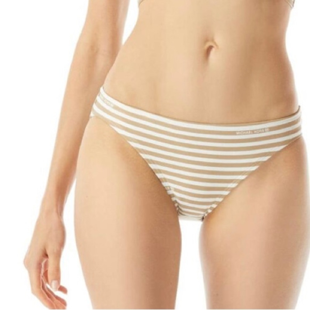 MICHAEL Michael Kors Women’s Logo Striped Classic Bikini Bottom in khaki size L